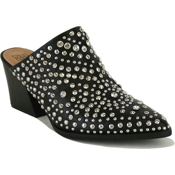 NWOB Beast Fashion Studded Mule Western Block Heel Point Toe Black Silve… - Picture 1 of 6